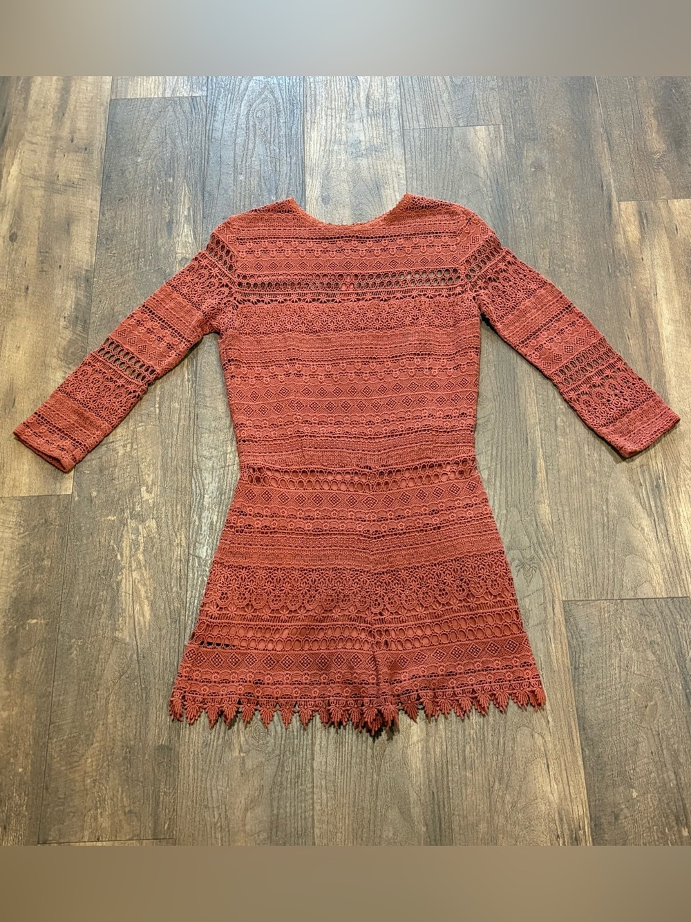 Myne Rust Crochet Lace Long-Sleeve Romper